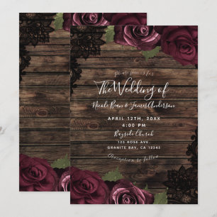 Invitación Rosas de Borgoña Madera Rústica Encaje Negro Boda