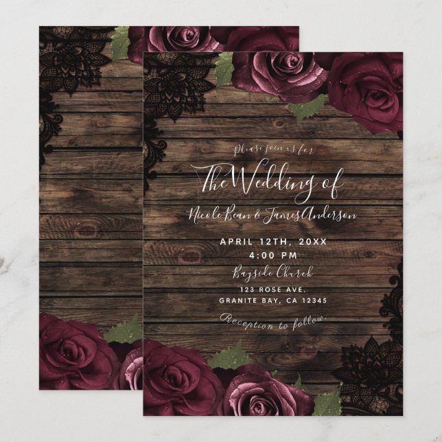 Invitación Rosas de Borgoña Madera Rústica Encaje Negro Boda (Anverso / Reverso)