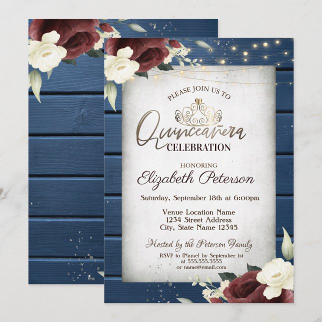 Invitación Rosas de Borgoña, Marina Blue Wood Quinceañera (Anverso / Reverso)