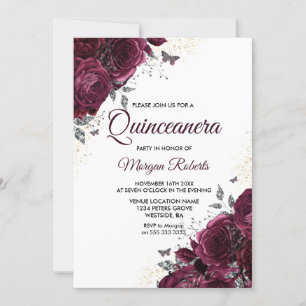 Invitación Rosas de Borgoña Mariposas Fiesta Quinceanera