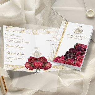 Invitación Rosas de Borgoña Mármol Dorado Boda Musulmana Islá