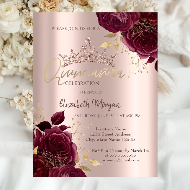 Invitación Rosas de Borgoña Moda Rosa Gold Quinceañera (Subido por el creador)