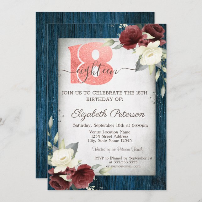 Invitación Rosas de Borgoña Navy Blue Wood 18 cumpleaños (Anverso / Reverso)