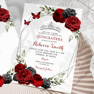 Invitación Rosas de Borgoña Negra y Roja Coronan Quinceañera