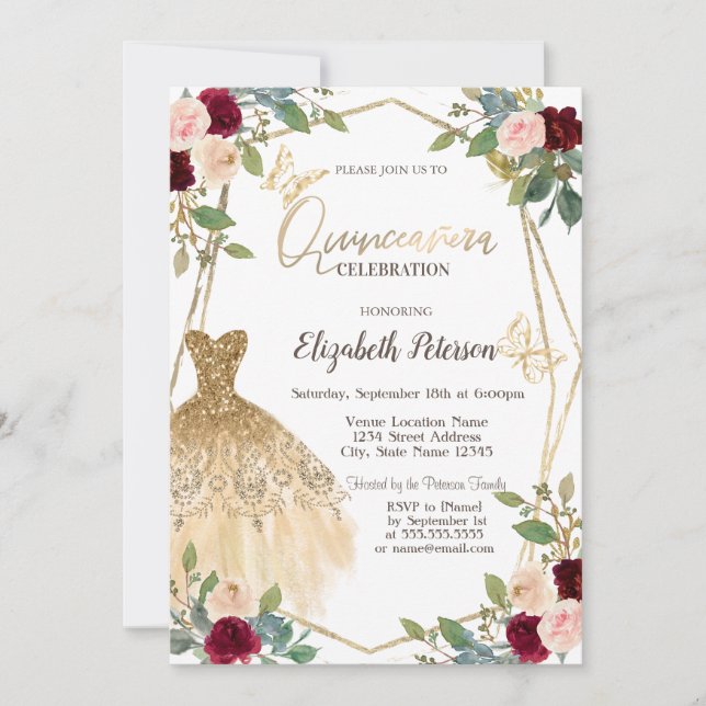 Invitación Rosas de Borgoña Purpurina vestida mariposa (Anverso)