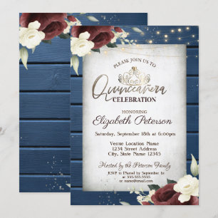 Invitación Rosas de Borgoña, Quinceañera de Madera Azul Marin