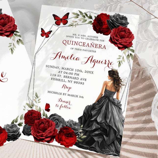 Invitación Rosas de Borgoña Rojo Vestido Negro Quinceañera (Subido por el creador)