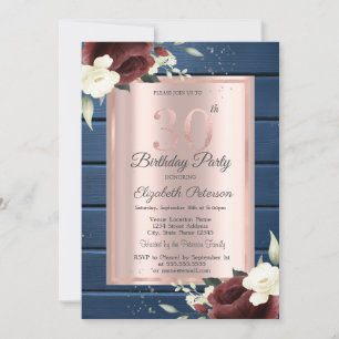 Invitación Rosas de Borgoña, Rosa de la Madera Azul Oro 30 cu