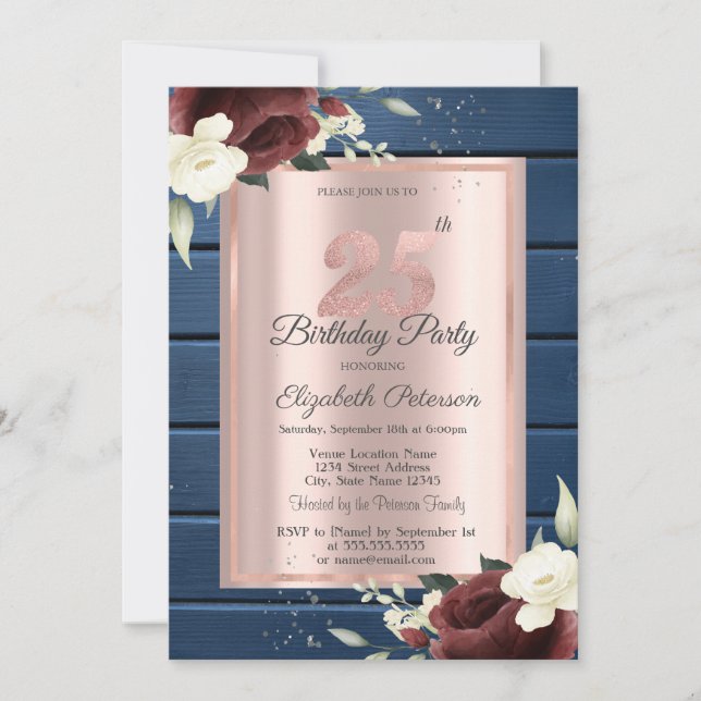 Invitación Rosas de Borgoña, Rosa Oro 25 de Blue Wood (Anverso)