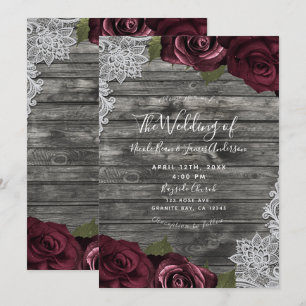Invitación Rosas de Borgoña Rustico Gris Encaje Boda 