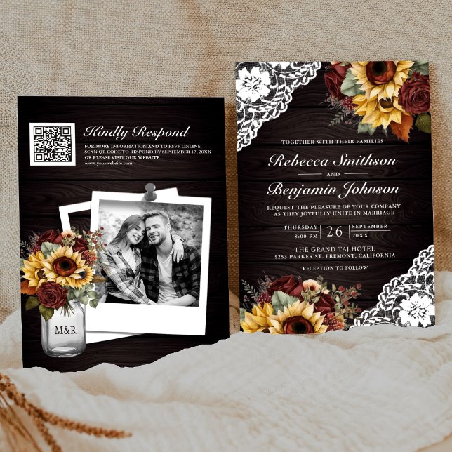 Invitación Rosas de Borgoña Sunflower Wood Lace QR Code Boda (Subido por el creador)