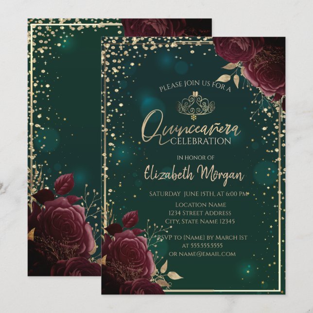 Invitación Rosas de Borgoña, Tiara de Oro, Diamonds Quinceañe (Anverso / Reverso)
