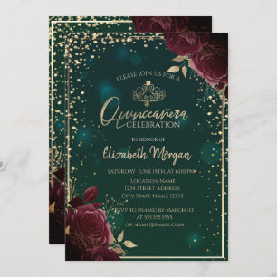 Invitación Rosas de Borgoña, Tiara de Oro, Diamonds Quinceañe