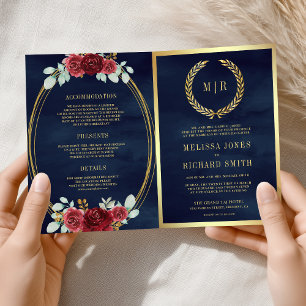 Invitación Rosas de Borgoña Todo en un código QR Bodas Navy