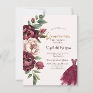 Invitación Rosas de Borgoña, Vestido de Quinceañera con Brill