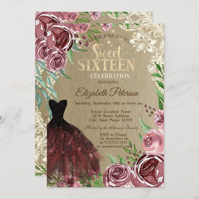 Invitación Rosas de Borgoña, Vestido, Luces, Dulce de encaje  (Anverso / Reverso)