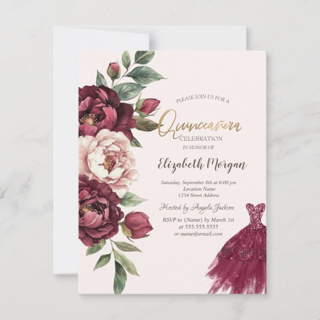 Invitación Rosas de Borgoña, vestimenta Purpurina Quinceanera (Anverso)