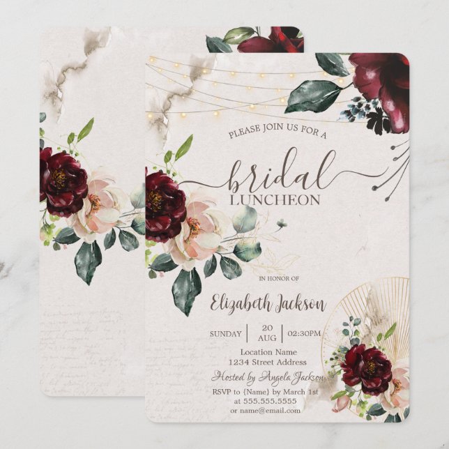 Invitación Rosas de Borgoña, Vidrio Vino, Luces Nochebuena (Anverso / Reverso)