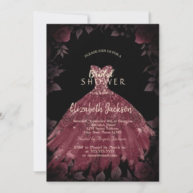 Invitación Rosas de Borgoña visten ducha de novia gótica (Anverso)