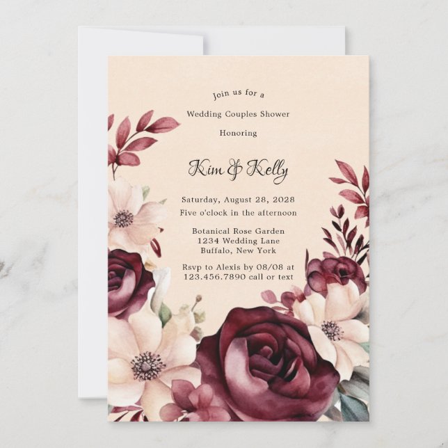 Invitación Rosas de Borgoña y Crema Boda Ducha de Parejas (Anverso)