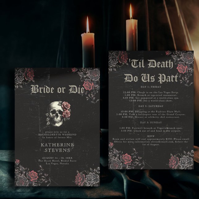 Invitación Rosas de Bride Die Skull Bachelorette Party Itiner (bride or die bachelorette party invitation itinerary moody dark goth gothic til death floral skull)