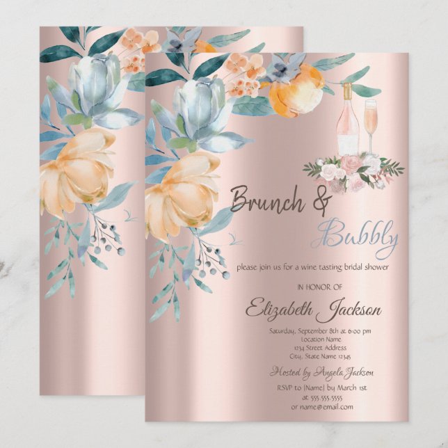 Invitación Rosas De Brunch De Polvo, Vino, Ducha Bridal De Or (Anverso / Reverso)