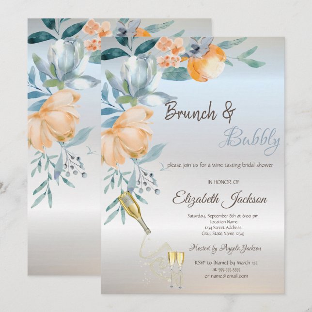 Invitación Rosas De Brunch Polvo, Vino, Ducha Bridal Plateada (Anverso / Reverso)