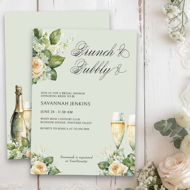 Invitación Rosas de brunch y burbuja Champán Ducha de novias (Brunch & Bubbly Champagne Bridal Shower Invitation on light sage green)