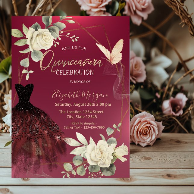 Invitación Rosas de Burgundy Vestidos Butteflies Quinceañera (Subido por el creador)
