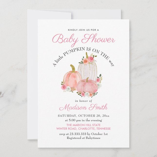 Invitación Rosas de calabazas rosadas acuarelas | BABY SHOWER (Anverso)