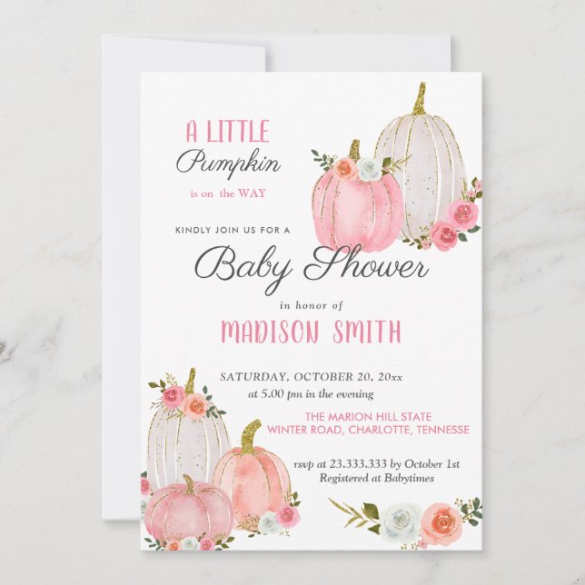 Invitación Rosas de calabazas rosadas acuarelas | BABY SHOWER (Anverso)
