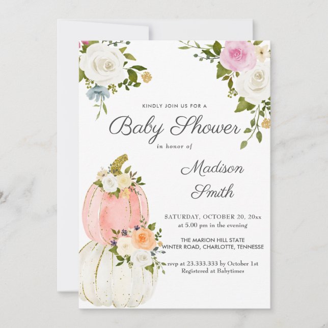 Invitación Rosas de calabazas rosadas acuarelas | BABY SHOWER (Anverso)
