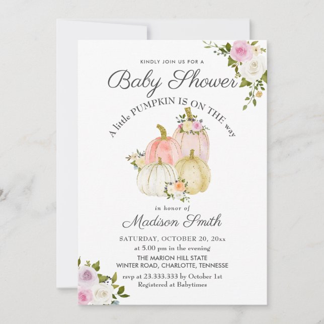 Invitación Rosas de calabazas rosadas acuarelas | BABY SHOWER (Anverso)