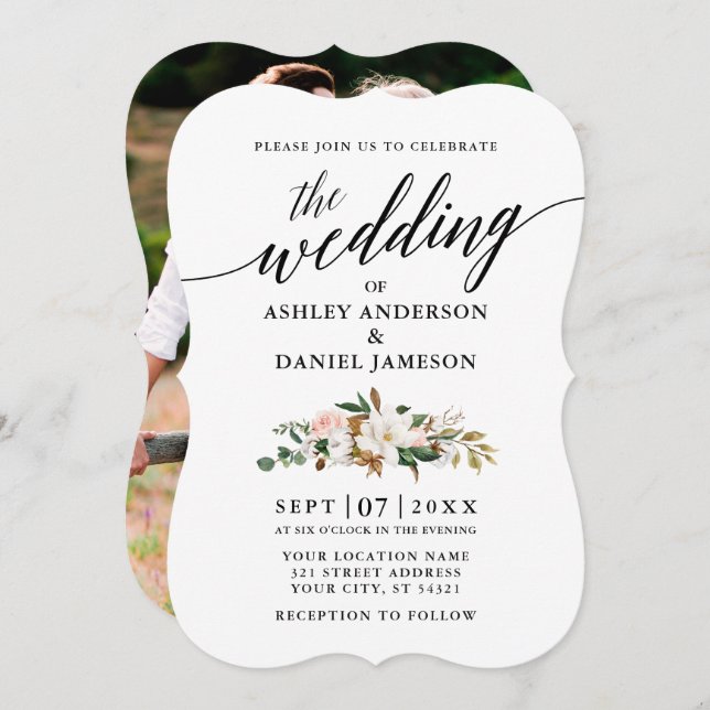 Invitación Rosas de Calligraphy Magnolias Boda de fotografía (Anverso / Reverso)