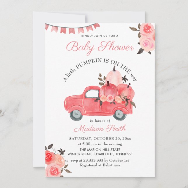 Invitación Rosas de Camión de Calabaza Rosa | BABY SHOWER (Anverso)