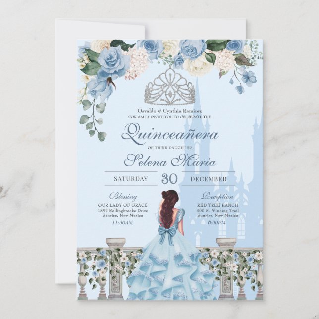 Invitación Rosas de Cenicienta Azul Princesa de Plata (Anverso)