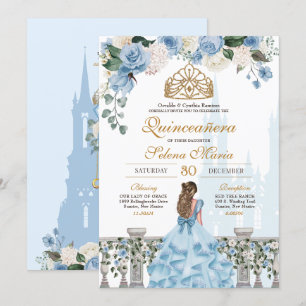 Invitación Rosas de Cenicienta Azul y Princesa de Oro Quincea