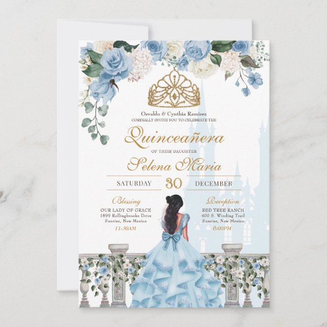 Invitación Rosas de Cenicienta Azul y Princesa de Oro Quincea (Anverso)