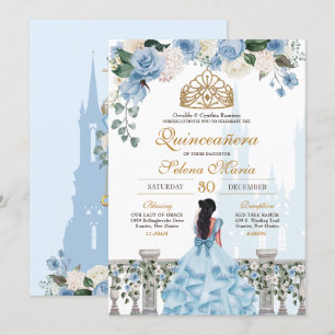 Invitación Rosas de Cenicienta Azul y Princesa de Oro Quincea