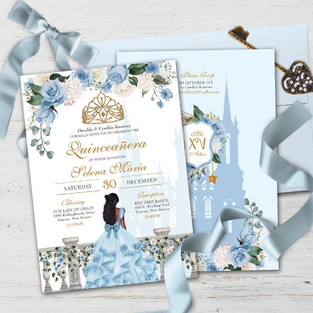 Invitación Rosas de Cenicienta Azul y Princesa de Oro Quincea (Subido por el creador)