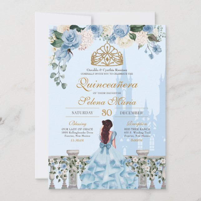 Invitación Rosas de Cenicienta Azul y Princesa de Oro Quincea (Anverso)