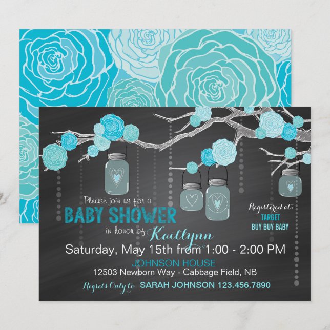 Invitación Rosas de Chalkboard colgando Jars Rustic Baby Show (Anverso / Reverso)