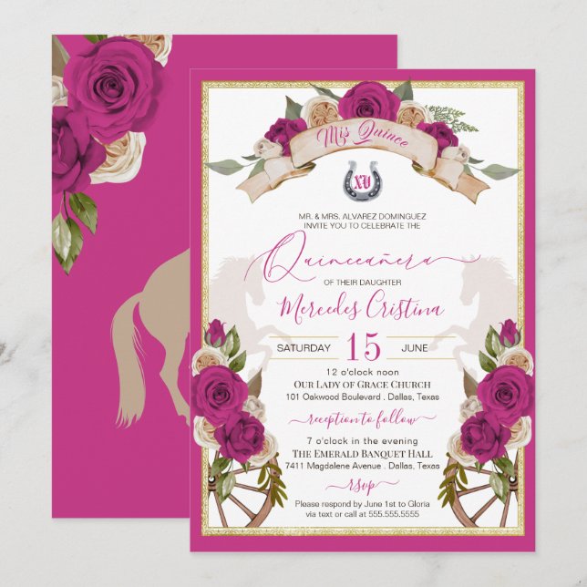 Invitación Rosas de Charro Fuchsia Occidental Caballos Quince (Anverso / Reverso)