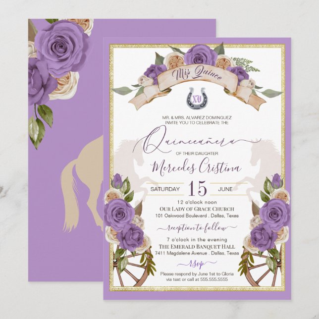 Invitación Rosas de Charro Lavender Occidental Caballos Quinc (Anverso / Reverso)