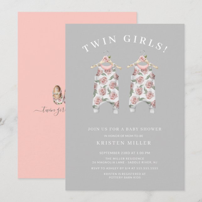 Invitación Rosas de Chicas gemelos Romper Baby Shower (Anverso / Reverso)