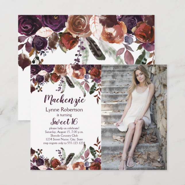 Invitación Rosas de ciruela morada de berenjenas Foto Dulce 1 (Anverso / Reverso)