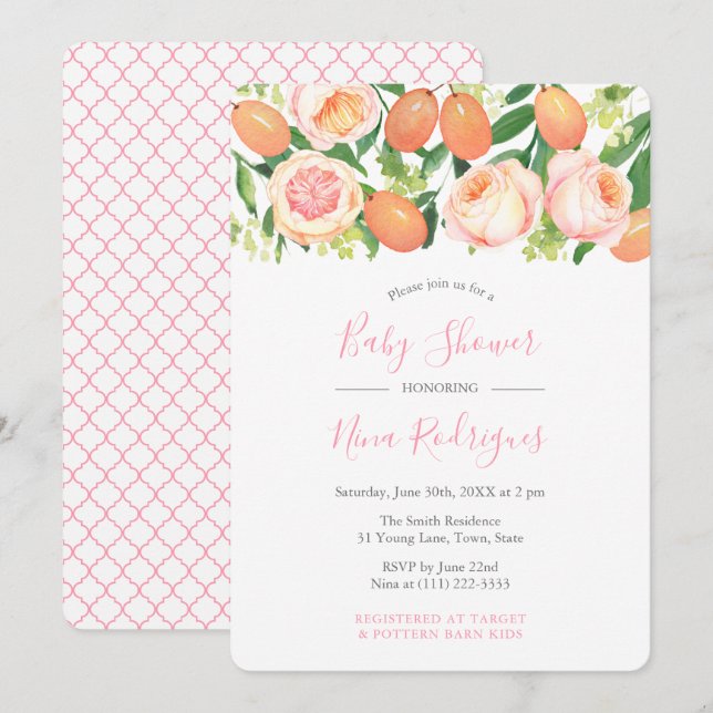 Invitación Rosas de Citrus Garden Quatrefoil Chica Baby Showe (Anverso / Reverso)