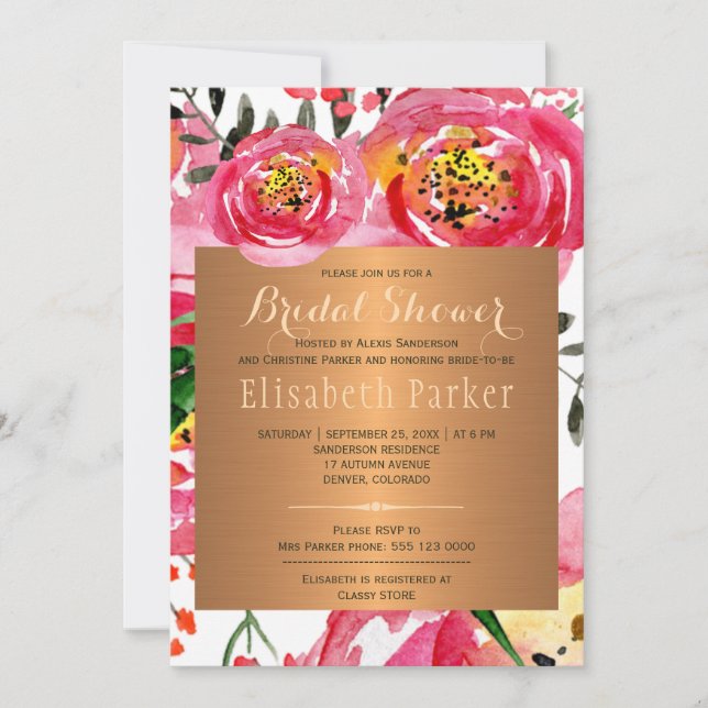 Invitación Rosas de cobre rosado con ducha de novia florida (Anverso)