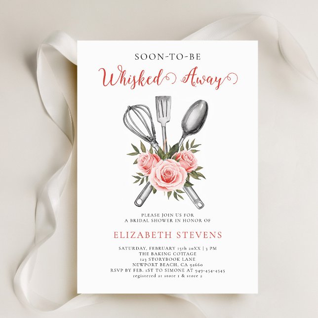 Invitación Rosas de cocina a la vista que se mueven en la duc (whisked away kitchen baking cooking bridal shower invitation tools bouquet roses watercolor pink)