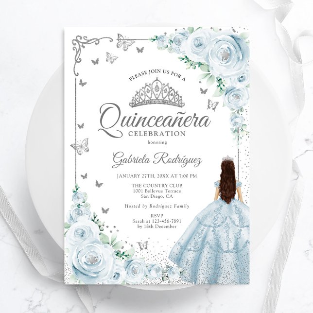 Invitación Rosas de color azul bebe Quinceanera plateado (Subido por el creador)